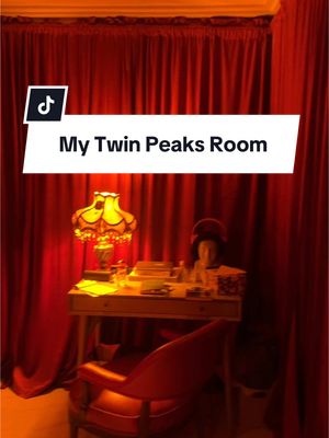 A post by @dspacestv on TikTok caption: RIP DAVID LYNCH 💄🥀  This room was made with extra long shower rods and velvet curtains. #davidlynch #twinpeaks #filmtok #film #movies #movie #design #interiordesign #nostalgia #nostalgic #architecture 