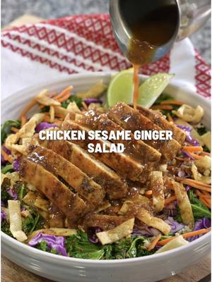A post by @royaleeats on TikTok caption: Chicken Sesame Ginger Salad! IB: @Ashia  Ingredients: Kale Red Cabbage  Carrots  Sunflower Seeds Wonton Strips Toasted Panko Breadcrumbs  Chicken Breast Olive Oil Kosher Salt Black Pepper Granulated Garlic Granulated Onion Smoked Paprika Sesame Ginger Dressing: Olive Oil Toasted Sesame Oil Low Sodium Soy Sauce Lite Seasoned Rice Vinegar Pure Maple Syrup  Grated Garlic Cloves Ginger Powder #royaleeats 