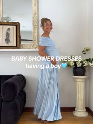 A post by @candidlychan on TikTok caption: PART 2 🩵 Okay, okay- I admit the lace number might be more of a maternity shoot option than a baby shower option but she’s such a moment I had to include her 🫶🏼 Any soon-to-be boy mamas out there?? Dresses linked on my LTK! #babyshowerdress #babynumber3 