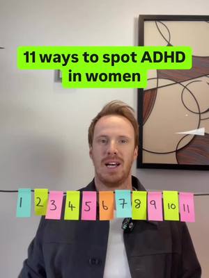 A post by @adhd_chatter_podcast on TikTok caption: 11 ways to spot ADHD in women 💚  #adhd 