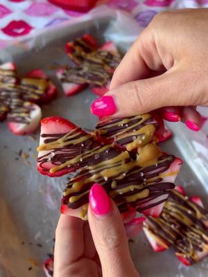 A post by @macy.blackwell on TikTok caption: A healthy sweet treat for this week!🍓🍫 I always crave a little dessert in the afternoon or after dinner, and these hit the spot!  Strawberries, dark chocolate, peanut butter drizzle, and some chunky sea salt!  Keep in the freezer for a quick snack!  #healthysnacks #EasyRecipes #easydessert 