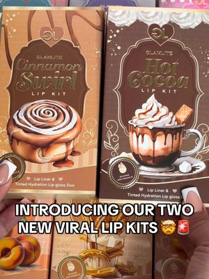 A post by @glamlite on TikTok caption: Introducing our two newest VIRAL dessert lip kits! Cinnamon Swirl & Hot Cocoa! Infused with nourishing lip oil ingredients, these kits hydrate and keep your lips soft, smooth, and perfectly glossy all day long while giving you the baddie pout 💋 