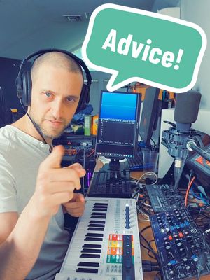 A post by @aaronbatzdorff on TikTok caption: Here's some advice I wish I could give myself. But I already did. 😏 #synthtok let's #talksynths #synthtalk #synth #synthesizer #modelD #behringer #keysteppro #arturia 