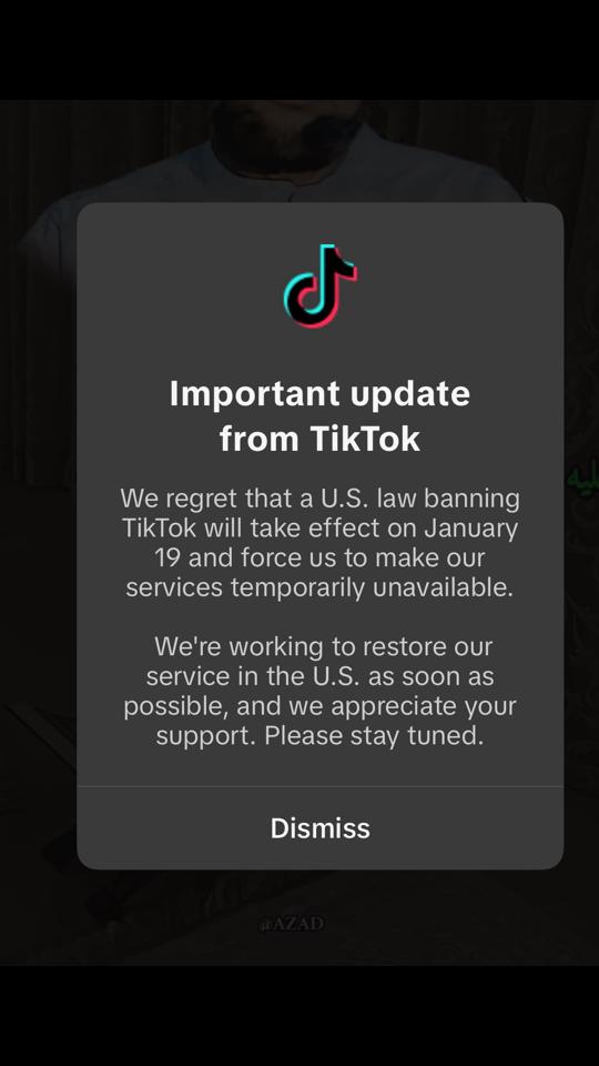 A post by @master_aniga on TikTok caption: TikTok said in a statement its service will “be forced to go dark” on Jan. 19 unless the Biden administration—which said earlier on Friday TikTok “should remain available to Americans” if “under American ownership”—guarantees Apple, Google and other service providers won’t be punished by supporting the app.