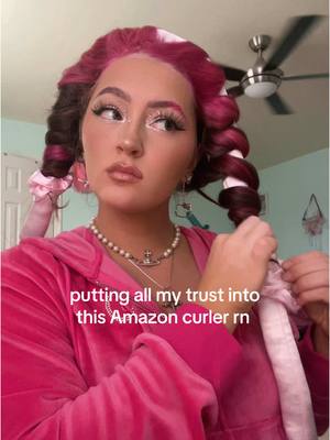 A post by @catherine_lynne on TikTok caption: #draft why is it literally perf #pinkhair #heatlesscurls #heatlesshairstyles 