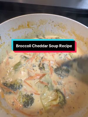 A post by @kendracoleeex on TikTok caption: So easy 😋🥦 #fyp #weback #souprecipe #brocollicheddarsoup #EasyRecipe #cooking #dinner  1️⃣1 medium yellow onion & minced garlic sautéed with butter 2️⃣2 Tablespoons of flour  3️⃣1 cup of Chicken Stock 4️⃣Chopped Brocolli & Shredded Carrots 5️⃣1 more cup of Chicken Stock 6️⃣2 cups of heavy cream 7️⃣1 cup of Cheddar Cheese 8️⃣Add black pepper, salt, garlic powder, thyme and parsley to taste 