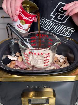 A post by @fooddudescook on TikTok caption: Angus Salisbury steak in the slow cooker #easycooking #onepanmeal #simplecooking