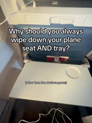 A post by @noglutengabby on TikTok caption: Yesterday’s flight I learned myself why I should wipe down the area behind the tray because what is this 😭 My immediate thought was “what if that fell into my drink”  #celiac #glutenfree #allergy #plane 