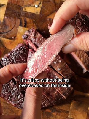 A post by @bearenger on TikTok caption: No mess, simply the easiest way to cook a steak 🥩 freeze through, air fry at 400°F for 20 minutes, flipping halfway through, let it rest, top with flaky salt, and enjoy! #healthyrecipes #foodasmr #healthyeating #EasyRecipe #steak #foodhacks 