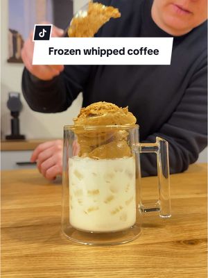 A post by @alexhomebarista on TikTok caption: We’re back in action, with frozen whipped coffee. Instant coffee is so fun, what should we make next with it? Drop a comment with your favorite instant coffee recipe. #instantcoffee #whippedcoffee #frozencoffee #coffeetiktok #coffeerecipe 