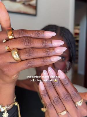 A post by @bonitravo on TikTok caption: yeah, i found the PERFECT milky pink nails for me & i can’t stop thinking about it ⭐️ #nails #blackgirlmakeup #nailinspo 