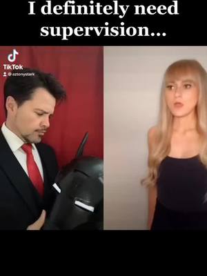 A post by @aztonystark on TikTok caption: @SarahCosplayGal I definitely need lots of supervision… #ironman #tonystark #batman #rdj #mcu #cosplay 