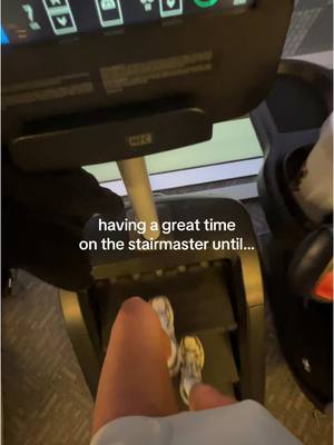 A post by @twincoast on TikTok caption: RIP it literally fell inside the stairmaster 🫠😭 #stairmaster #stairmasterworkout #airpods #apple #workoutroutine #stairmasterchallenge #fail #OhNo 