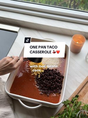 A post by @healthygirlkitchen on TikTok caption: Save this ONE PAN TACO CASSEROLE 🥑🌮💃🏻 (weeknight dinner idea!!) ingredients:  1 packet taco seasoning (I use siete)  2 cups water 1 15oz jar salsa 1 cup white rice 1 can black beans, drained and rinsed 1 cup fresh corn 1 red bell pepper, diced Toppings: jarred jalapeño, vegan sour cream, cilantro, pickled onions, avocado  How to:  1. Preheat oven to 400 F.  2. In a casserole dish, add the taco seasoning, water and salsa and whisk. 3. Then, add the rice, beans, corn and pepper. Mix together until combined.  4. Bake uncovered for 30-40 minutes until the liquid is absorbed and rice is cooked! 5. Top with any of your favorite taco toppings from sour cream, to avocado! 6. Serve and enjoy!  Notes* You can always use 1/2 a taco seasoning packet if your kids don’t like it as flavorful!  #onepan #momlife #DinnerIdeas #healthyrecipes 