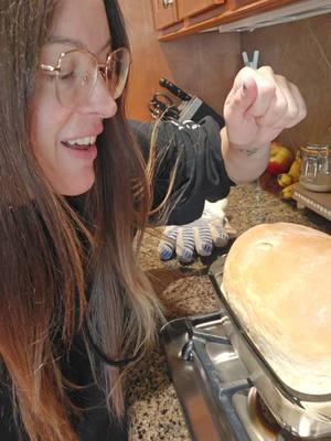 A post by @amandalynnallred on TikTok caption: I'm entering my baking era. It'll take time and I'm okay with that, at least I finally started. Should I not use glass?? Are these shaggy looking parts normal? Bread always tastes fine. Idk I'll take all the tips.  #bread #homemadebread #homemaker 