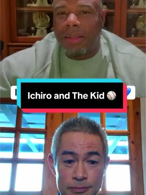 A post by @mlb on TikTok caption: Two baseball icons 💪 #baseball #MLB #ichiro #kengriffeyjr #japan