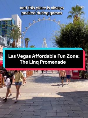 A post by @vegasstarfish on TikTok caption: The Linq Promenade is your go-to spot for affordable food & drinks on the Las Vegas Strip. Expect an unofficial NFL & NHL headquarters with specials, happy hours, outdoor seating, games playing everywhere & affordable bars for those who vacation on a budget. This is where you’ll find shopping, the high roller ferris wheel, zip line, comedy clubs & more. #vegas #lasvegas #vegasstarfish #linqpromenade #vegasonabudget #wheretogoinvegas #vegaslocal