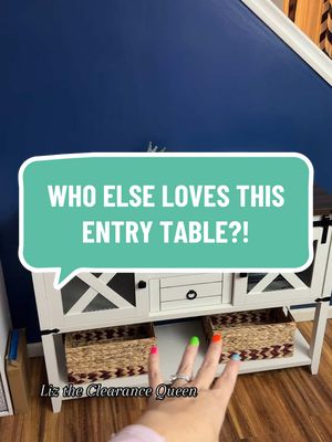 A post by @liz_the_clearancequeen on TikTok caption: I am obsessing over this new entry table I got! Farmhouse style entry table. #liztheclearancequeen #hopeyouscore✌🏼 #savingmoney #reviewswithliztheclearancequeen #farmhouse #farmstyle #entrytable #farmstylecoffeetable 