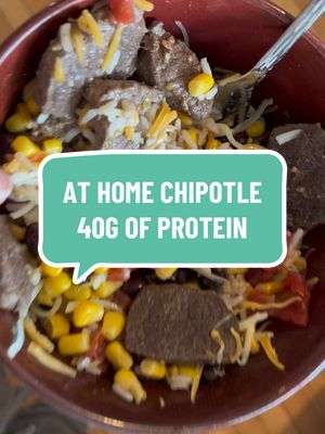 A post by @exercisewith.e on TikTok caption: 40g of protein and only 10 minutes to make it🙌🏼 ➡️venison (or steak)(the leaner it is the higher in protein it is) ➡️jasmine rice ➡️corn ➡️black beans ➡️diced tomatoes ➡️shredded cheese For more recipes, make sure to join our Facebook community!🔗in bio! #creatorsearchinsights #healthy #healthyrecipes 