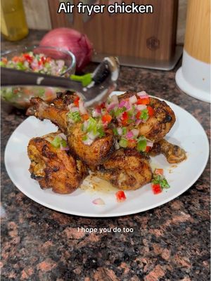 A post by @atasteofmichelle on TikTok caption: Chicken:  2 lbs chicken drumsticks 1 tsp garlic powder 1 tbsp adobo / all purpose seasoning  1 tsp oregano  1 tsp black pepper  2 tbsp oil  1 lime Bell pepper chimichurri: Green bell pepper  Red bell pepper  1 small red onion  5 garlic cloves  2 tsp salt  4 tbsp vinegar  4 tbsp olive oil  1 tsp black pepper  #bigmamacooks #airfryerchicken #chimichurri #escabeche 