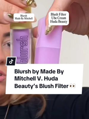 A post by @thelipsticklesbians on TikTok caption: I filmed this quick comparison of @madebymitchell’s Blursh and @Huda Beauty’s Ubae lilac blushes on live and had to share for anyone who missed it! Mitchell’s Blursh is a sheer, veil-like cream blush, perfect for beginners or anyone who loves a subtle, natural wash of color. It’s lightweight, buildable, and surprisingly amazing for oily skin since it doesn’t add too much extra shine. At first, I thought she would be super pigmented (like Rare Beauty’s blush), but I actually prefer the softer look! Huda’s Ubae blush on the other hand is bolder and has a higher pigment load, making her ideal for vibrant, radiant cheeks that pop with just one application. Both are beautiful for different reasons—I’d definitely use both depending on my mood/the look I’m going for! Which one would you choose? #BeautyTok #makeupreview #liquidblush #purpleblush #hudabeauty 