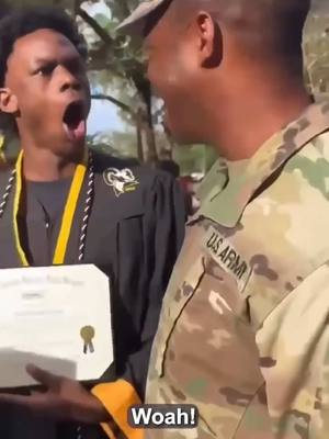 A post by @soldiersleaving on TikTok caption: Military Dad Surpirses Son At Graduation! ❤️