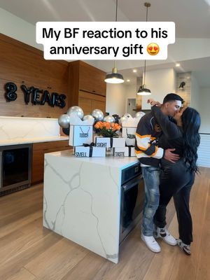 A post by @andrea.lopez44 on TikTok caption: He was shocked😂  #fyp #viral #couple #5sensesgift #boyfriend #gift 