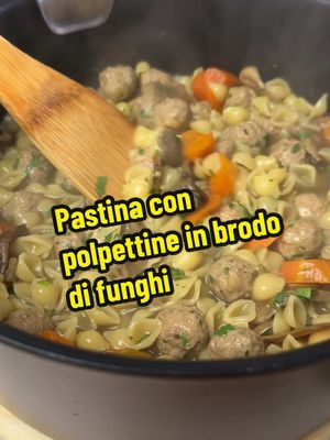 A post by @piovonoricette on TikTok caption: Ecco un piatto che adoro sin da bambina: pastina con polpettine in brodo di funghi 🤤 E vedi che ti mangi ‼️ Ingredienti Per il brodo 2 carote 2 coste sedano 1 cipolla 4 pomodorini 1 ciuffo di prezzemolo 20 g porcini secchi q.b. sale Per le polpettine 250 g carne macinata mista (vitello e maiale) 80 g pane raffermo 80 ml latte 60 g parmigiano 1 uovo q.b. prezzemolo 1 pizzico aglio in polvere 260 g pastina #sogood #evedichetimangi #loveit #piovonoricette 