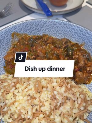 A post by @sevda.ela on TikTok caption: Dish up dinner - Turkish style Bamya - Okra Stew with lamb and Bulgur Pilav! #bamya #okra #dishupdinner #fyp #dinner #family 