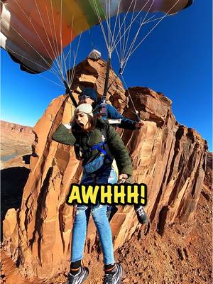 A post by @gopro on TikTok caption: Sophia Homer's reaction is everything 😂 She skipped skydiving + went straight to BASE jumping with Jimmy Peterson + #GoProMAX in Moab, Utah. #gopro #reactioncam #base #basejump #basejumping