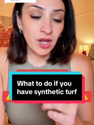 A post by @antiplasticlady on TikTok caption: Replying to @Kellyewade here’s what to do if you live with artificial turf in your backyard #astroturf #synthethicturf #artificialturf #pfas #microplastics 