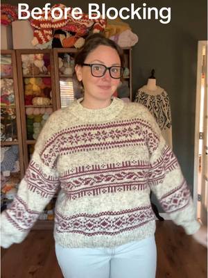 A post by @crochetedbean on TikTok caption: OBSESSED with the porcelain sweater!! #knitting #knittok #knitcolorwork #porcelainsweater #lionbrandwoolease #blocking #knitblocking 