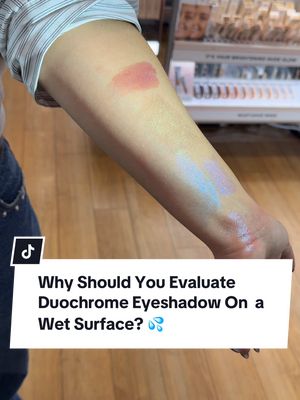 A post by @thelipsticklesbians on TikTok caption: Replying to @AC ⚡ DID YOU KNOW: swatching duochrome eyeshadow like @Half Magic’s beautiful singles on a wet surface is the best way to see their full potential? A wet application makes the color shift pop, bringing out every nuance of the shade, while also boosting the opacity for a richer payoff. It glides on smoother also, so you can really tell how it’ll perform without patchiness. Most if all, it gives you a realistic preview of how it’ll look in action. Because we usually lay down foundation or concealer before applying shadow to our lids! I just wipe the area I’m going to swatch with my wet wipes when I’m in store for the full effect. Super simple trick! Try it out next time you swatch a duochrome beauty queens 👀 #halfmagicbeauty #mua #eyeshadow #ultabeauty #makeup #BeautyTok #thelipsticklesbians 