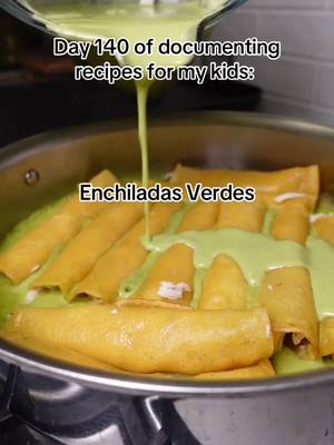 A post by @pizcitadesal on TikTok caption: Enchiladas Verdes #enchiladasverdes #mexicanfood  For the Chicken: 2 chicken breasts 1 tbsp salt 1 small chunk of onion 2 garlic cloves For the Sauce: 3 poblano chiles  8 small tomatillos 1 serrano chile  1 bunch cilantro 1 tbsp consomé de pollo ½ block cream cheese 1 cup Mexican crema 1 cup chicken broth (reserved from boiling chicken) Garlic & onion (reserved from boiling chicken) For the Enchiladas: Tortillas  Oil  1 tsp butter  1 cup Queso Oaxaca  Seasoning for Chicken: 2 tsp salt Black pepper (to taste) 1 tsp garlic powder 1 tsp onion powder