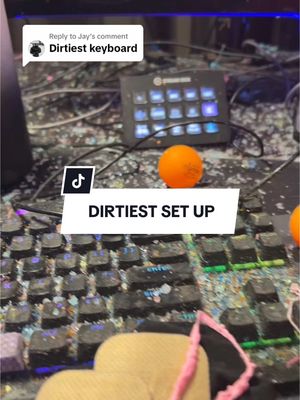 A post by @xstarwake on TikTok caption: Replying to @Jay Definitely the dirtiest keyboard and gaming setup you’ve ever seen! #TikTokLIVE #GamingOnTikTok #GamingSetup #aftermath #pcsetup 