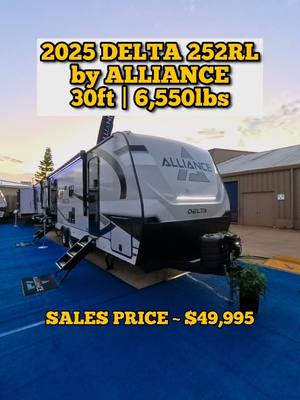 A post by @mylesrvs on TikTok caption: I just LOVE this floor plan! It's perfection if you ask me. This is the 2025 Alliance Delta 252RL travel trailer RV. That is right around 30ft, 6,550lbs, and listed online currently around $49,995. the link in my bio will help you find over 100 different Blue Compass RV dealership, locations across the United States to find your next RV close to home.  • #rv #camper #type #travel #interior #decor 