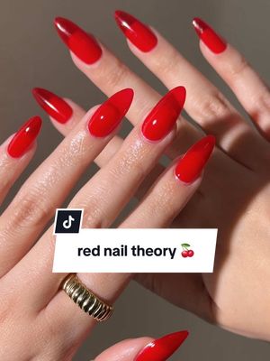 A post by @lightslacquer on TikTok caption: red nail theory 🍒 products used: cherry jelly & totally gelly. #rednails #rednailtheory #jellynails #vdaynails #valentinesdaynails #diynails #diynailsathome 