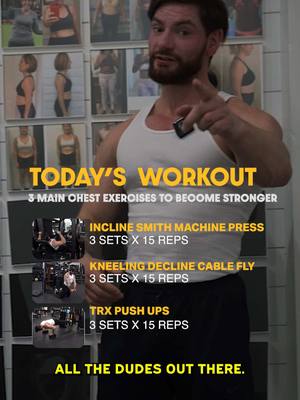 A post by @adf.training on TikTok caption: My favorite 3 MAIN CHEST EXERCISES in order to become STRONGER 🏆🚨 1️⃣ INCLINE SMITH MACHINE CHEST PRESS 3 SETS X 15 REPS | TRY TO INCREASE THE WEIGHT  • I use this as my first exercise because I want to focus only on the PUSH MOVEMENT in order to warm up and ACRIVATE my chest muscles 😎🏆 If I would do the conventional bench press I would try to focus more on maintaining the bar BALANCED and it would take away from my purpose. 2️⃣ KNEELING DEINE CABLE FLYES 3 SETS X 15 REPS | TRY TO INCREASE THE WEIGHT • I perform this as my second exercise to focus on the STRETCH PART OF THE MOVEMENT. The negative (stretching) part of the movement is a little more difficult in order to maintain a good form so I use the KNEELING POSITION to STABILIZE and BALANCE MY HIPS. If the HIPS ARE BALANCED = The UPPER BODY WILL FOLLOW 🏆 3️⃣ TRX SUSPENDED PUSH UPS 3 SETS X 15 REPS | TRY TO NOT STOP • I use this as a “FINISHER” to CHALLENGE MY SKILLS and improve my FORM/BODY CONTROL. ** If you think this was useful, please make sure you SAVE THE VIDEO and SEND IT TO A FRIEND because it’s going to help me a lot! Thank you! 🏆💪📲 ** Have a great day, Stay DETERMINED‼️ #alldetermined #fitness #chest #chestday #training #workout #pushday #strong #strength #fitnessworkout #fitnesstraining #gym #tips 