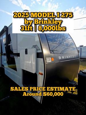 A post by @mylesrvs on TikTok caption: It has finally had it's debut! This is the new 2025 Brinkley Model I 275 travel trailer RV that is around 31ft, 8,000lbs, and will likely sell in the $60,000 range! What do you think? Find your next RV at over 100 different @bluecompassrv dealerships across the US with the link in my bio. • • #rv #travel #interior #decor #camping #Outdoors #glamping