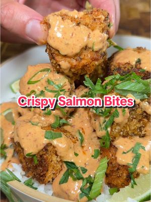 A post by @ice.karimcooks on TikTok caption: Air Fryer Crispy Salmon Bites with a low cal chipotle sauce 😍 (recipe 👇🏽) Macros without the sauce: (x3 servings) 586 calories |46g P | 6g C | 39g F Ingredients: 1.5lb Salmon, cut into thick chunks  Salt & Pepper, to taste Chili powder, 1/2 tsp Old bay, 1/2 tsp Italian seasoning, 1/2 tsp 1 tbsp olive oil 1 cup panko, to dredge (seasoned with same seasonings as above) Avocado oil spray, as necessary Air fry 380°F for 12-13 mins or Bake at 400°F for 13-15 mins flip half way!  Healthy Chipotle Sauce:  1/2 cup Plain Greek Yogurt  1/4 cup light Mayonnaise or kewpie mayo 2 Chipotle Peppers 1 tbsp honey  1 tbsp rice vinegar  1/2 tsp salt For more tasty high protein recipes just like this check out my digital cookbooks in my b-10 🙂‍↔️  . . . #icekarim #EasyRecipe #healthyrecipes #mealprep #quickrecipes #protein 