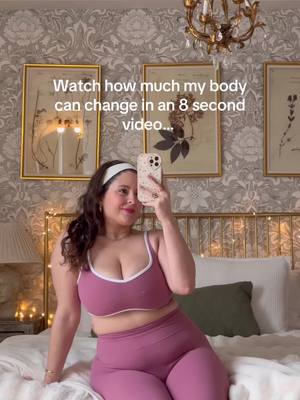 A post by @noelledowning on TikTok caption: Same body 8 seconds later a reminder that everything you see online isn't always real and clothing, posture, photoshop, and posing can make everything look different #bodypositive #girls #selflove #curvyfashion 