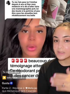 A post by @myssyjym on TikTok caption: 🚨Est-ce que les déodorants et anti-transpirants peuvent causer le cancer du sein ? Vidéo référence de @Gusta🧿  #soindelapeau #deodorant #antitranspirant #rexona #etiaxil #santé #cancerdusein 