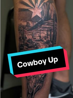 A post by @ryaneternal on TikTok caption: Not am I just barely funny, I’m hella mediocre at tattooing… who knew. Check out this Arizona piece I made for a cool client #tattoolife #tattooworld #cowboyup #cowboy #cowboys #westernstyle #inkmaster #inked #inkedmag #silverfox