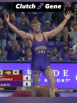 A post by @flowrestlingtv on TikTok caption: Northern Iowa’s Colin Realbuto secured a takedown with five seconds left for the 6-4 win over Willie McDougald. The Panthers defeated the Sooners, 26-13, on January 25, 2025. #ncaawrestling 