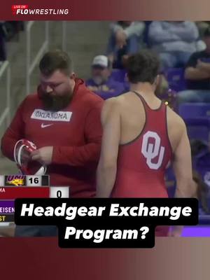 A post by @flowrestlingtv on TikTok caption: Eli Cordy’s headgear broke during Oklahoma’s dual against Northern Iowa. Panther coaches offered a replacement. The Sooners rejected it. #ncaawrestling