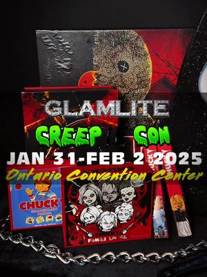 A post by @glamlite on TikTok caption: 🚨 Spooky besties!! THIS UPCOMING WEEKEND Glamlite will be at #CreepieCon 😍 come shop our most popular officially licensed horror collections in person and say hi to the Glamlite team! 🖤 #horrortiktok #ontarioconventioncenter 