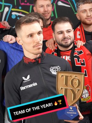 A post by @bayer04 on TikTok caption: Behind the scenes of the Team of the Year award shoot! 🤩🏆 #Bayer04 #Werkself #Grimaldo 