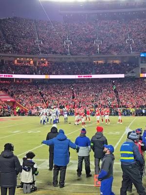 A post by @nickthetraveler on TikTok caption: Sitting front row at the Chiefs game. The winner of this game goes to the Superbowl. it's cold but worth it.