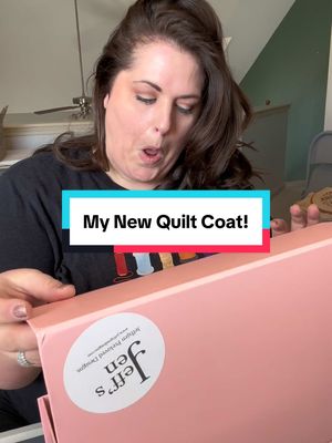 A post by @shesewsseams on TikTok caption: My sweet friend Jenn with Jeff’s Jenn Preloved Designs made me a QUILT COAT!!!!!  I am so excited!!!!!! #quiltcoat #upcycle #quilttok #sewing #crafts #hobbies  @jeffsjenpreloveddesigns 