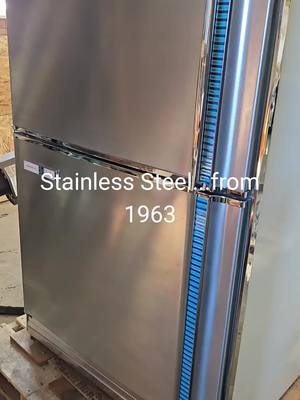 A post by @dustyoldstuff on TikTok caption: who says stainless steel appliances are a new thing? #vintage #refrigerator #1960s #classic 